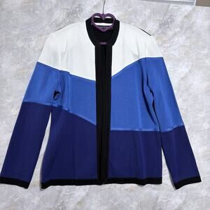 Misook Paulie Preppy Cornflower Womens Knit Jacket Sz L ColorBlock Classic Retro
